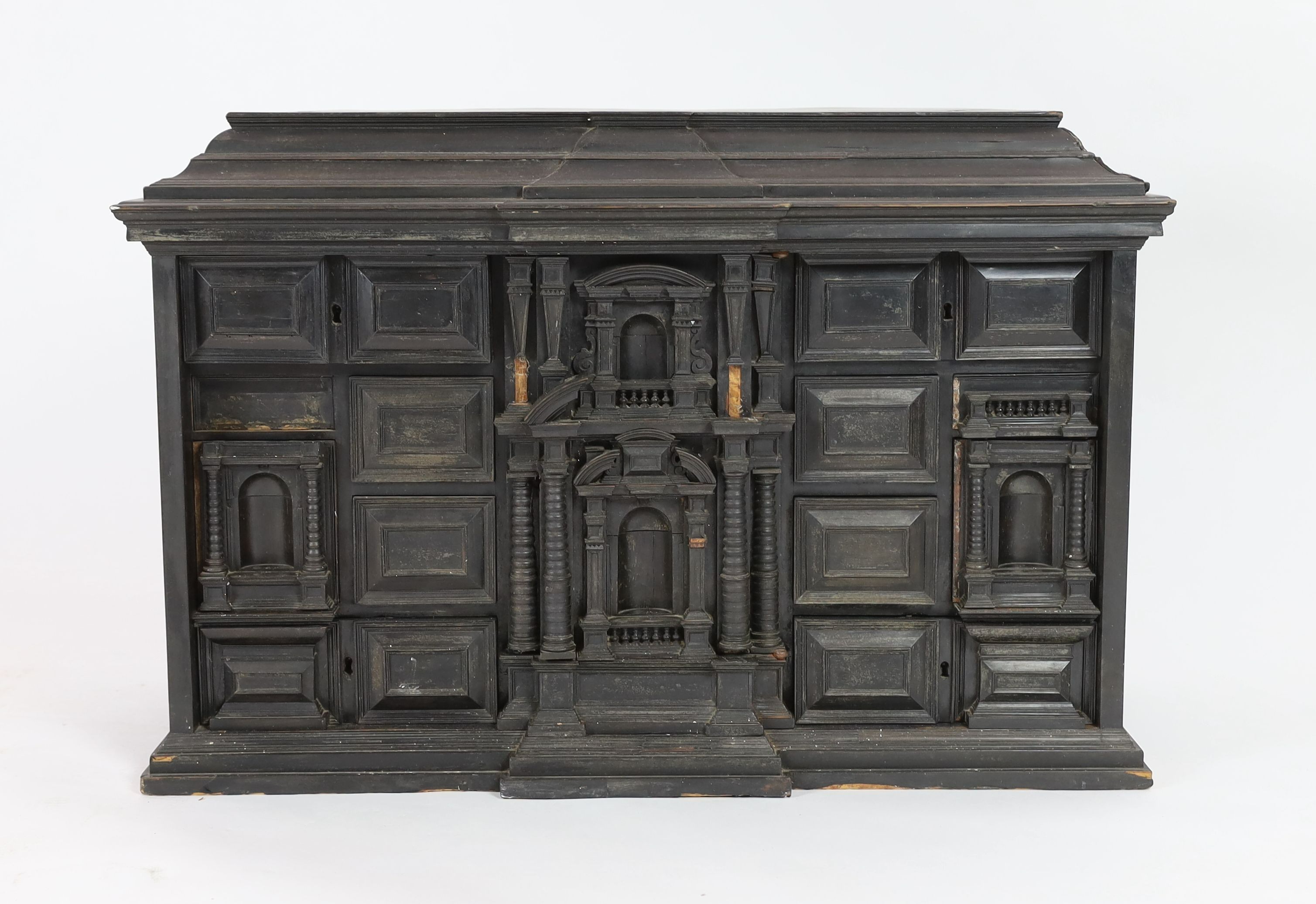 An early 18th century Portuguese ebonised table cabinet, width 87cm, depth 38cm, height 57cm